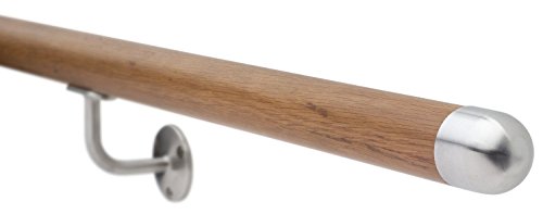 Oak-Finish Wood & Stainless Steel Stair Handrail Bannister Kit 2 metre Domed Ends - Image 3