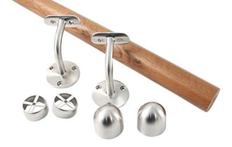 Oak-Finish Wood & Stainless Steel Stair Handrail Bannister Kit 2 metre Domed Ends